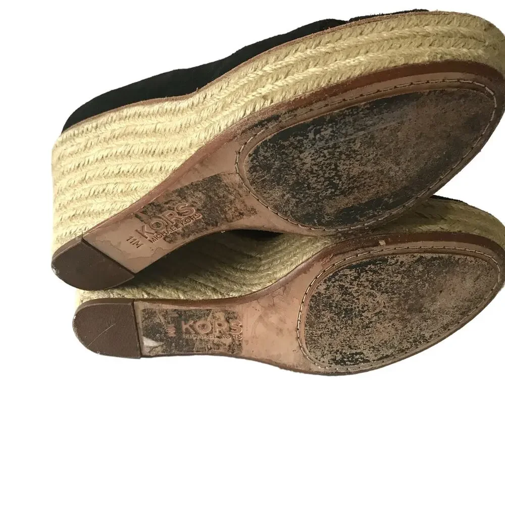 KORS Michael Kors Black Suede Wedge Open Toe Bleeker Sandal Espadrilles 11